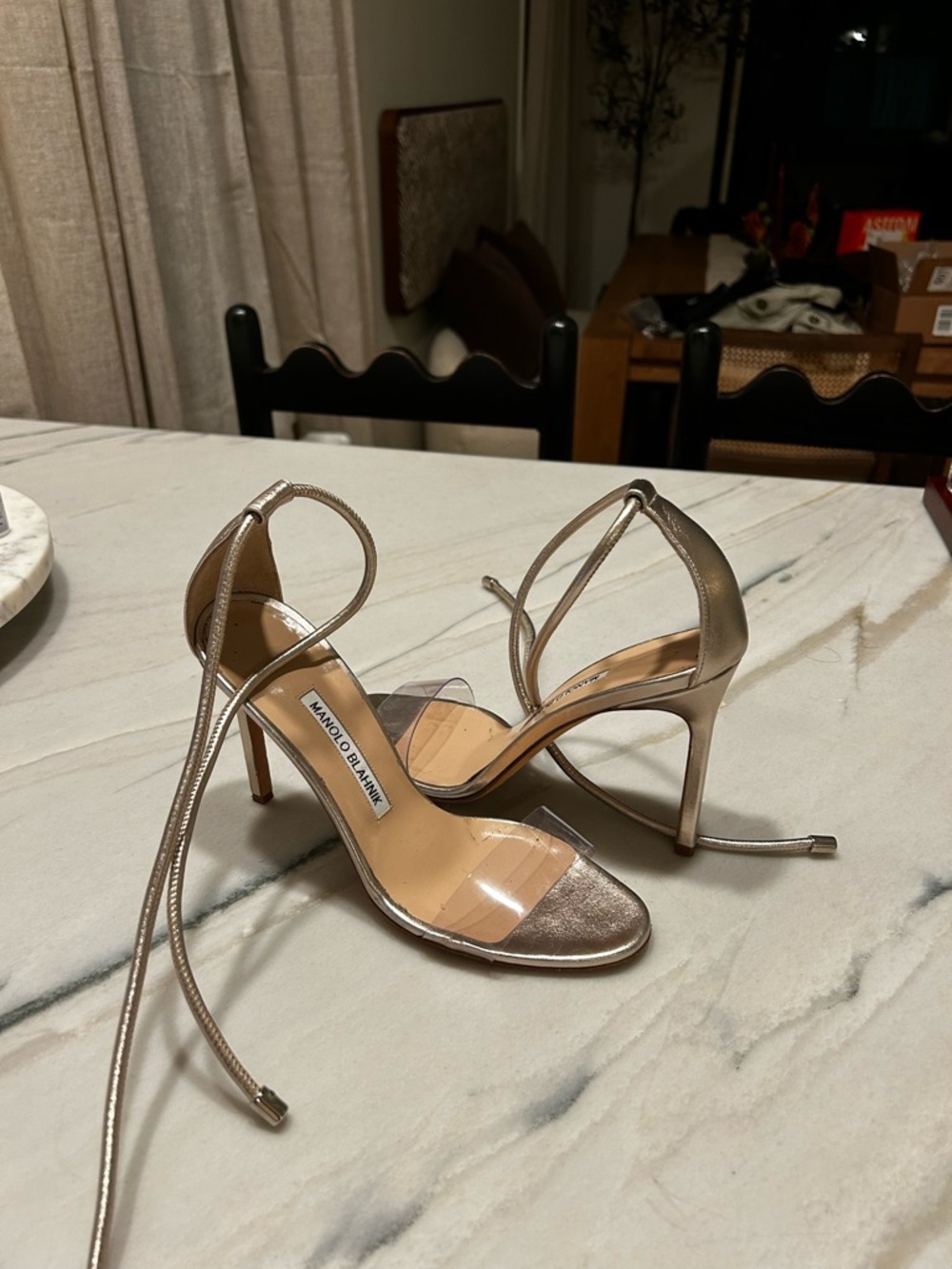 Manolo Blahnik Metallic Gold Ankle-Tie Stiletto Sandals